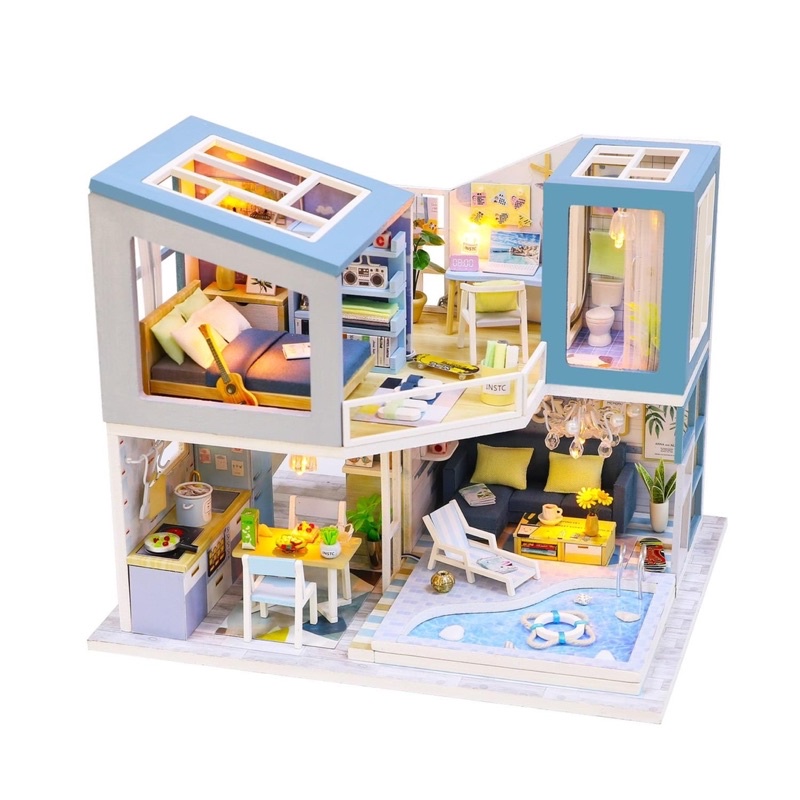 (Tặng mica,đèn,keo sữa)Mô hình nhà búp bê hiện đại bé tự lắp đô chơi diy doll house M910