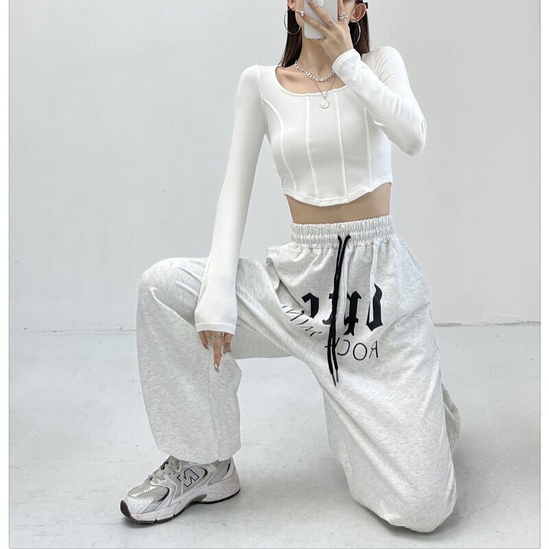 COZOK Quần Thể Thao Lưng Cao Ống Rộng In Chữ Phong Cách Hip Hop