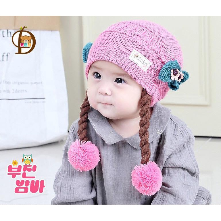 Mũ nón len tóc giả bím tóc tết dễ thương cho bé nhiều màu