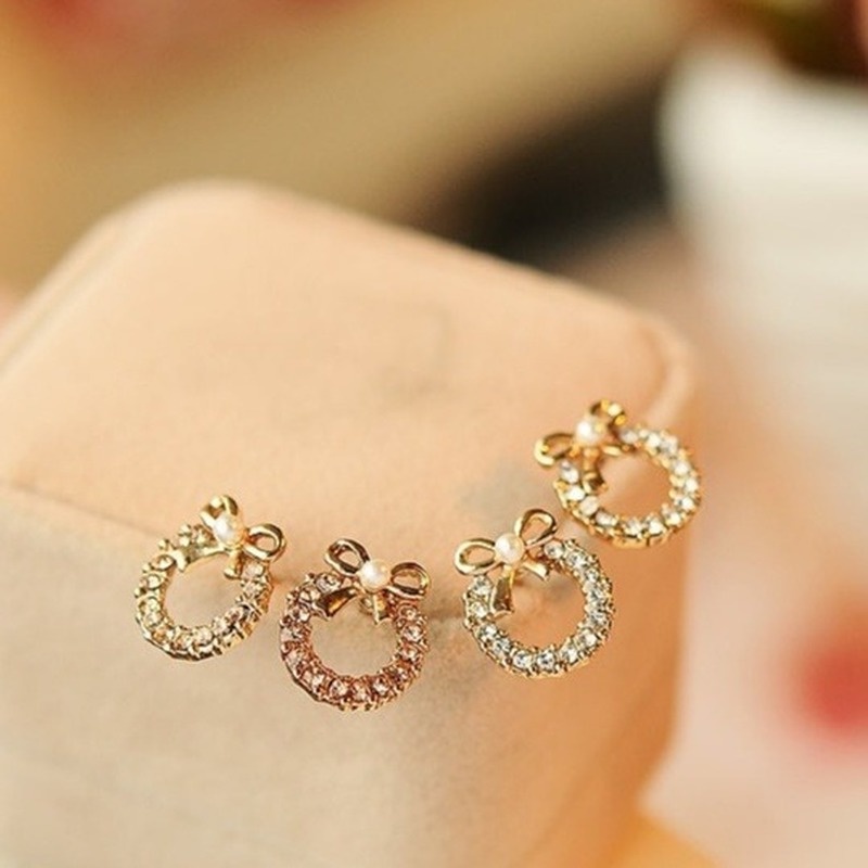 Đôi bông tai hình nơ đính đá và ngọc trai nhân tạo phong cách Hàn Quốc thời trang 210807