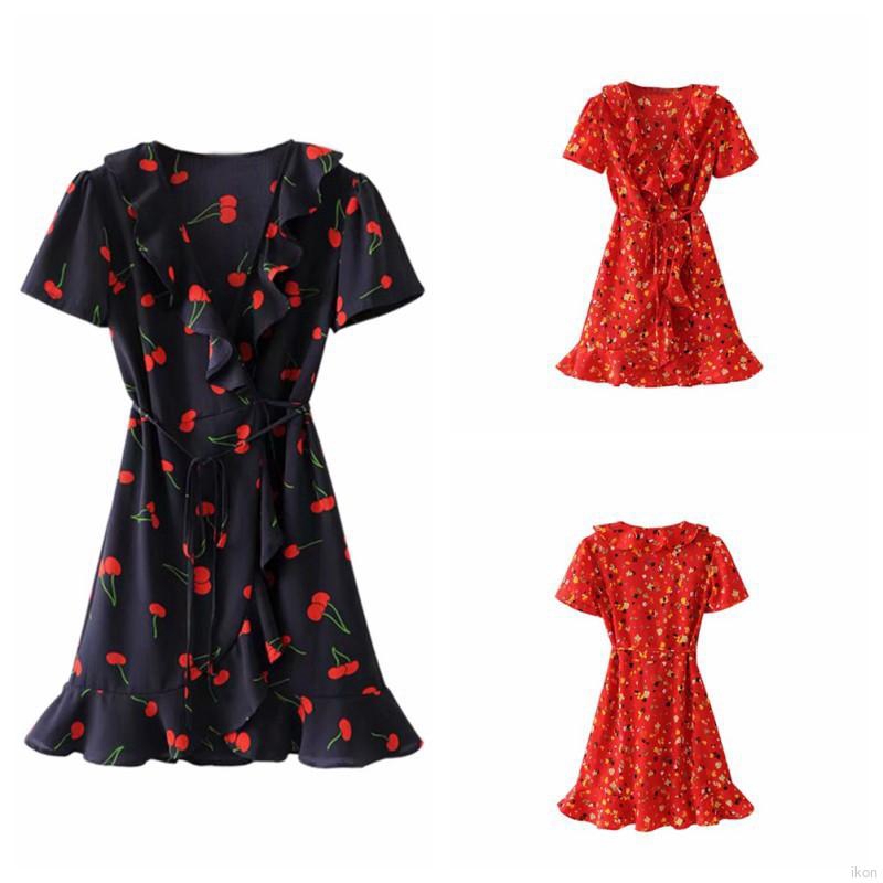 Đầm tay ngắn cổ chữ V hoạ tiết phong cách Bohemian