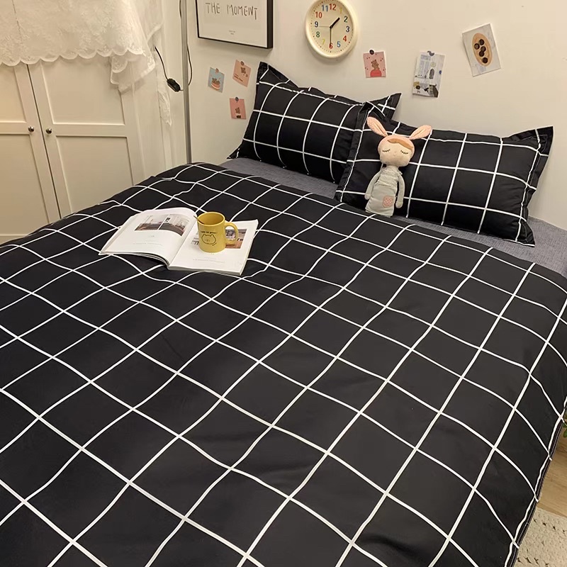 Bộ chăn ga gối Cotton Poly Nhập Khẩu chần bông dày mẫu Kẻ Đen Đơn Decor Home