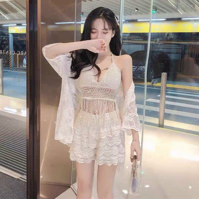 Set ren hoa bikini đi biển cực hot - bra lưới tua rua - quần vảy tầng - choàng hoa