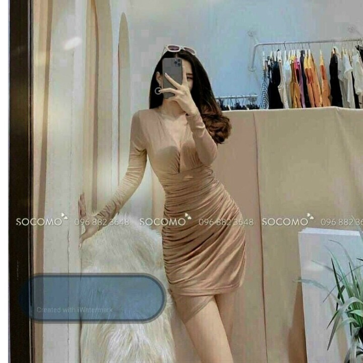 Đầm body tay dài cổ V vạt xéo nhún hông