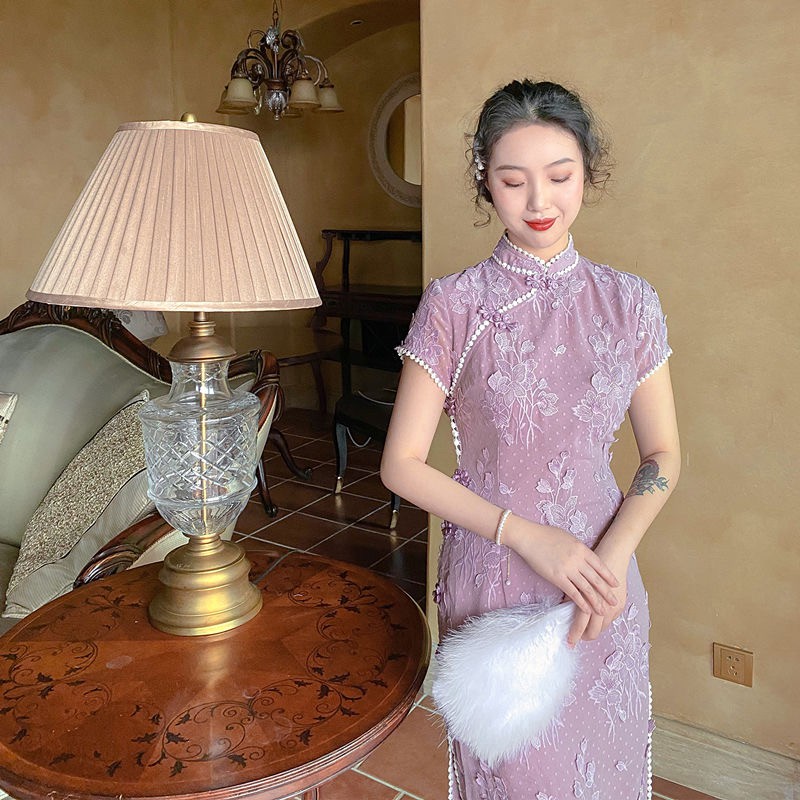 (R2001) Sườn xám trung hoa ulzzang cổ trang tím thêu hoa thanh lịch S M L hàng cao cấp (ảnh khách từ hình 5)