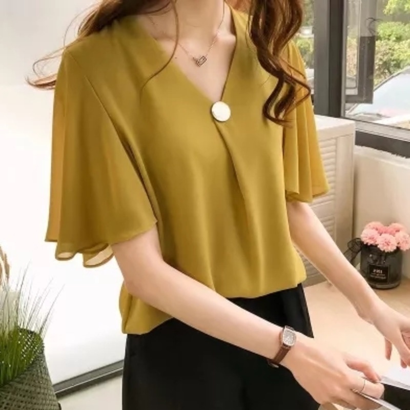 Áo Voan Ngắn Tay Thời Trang Xinh Xắn 156357 Áo Sơ Mi Tay Lá Sen Dáng Rộng Thiết Kế Đơn Giản Thời Trang