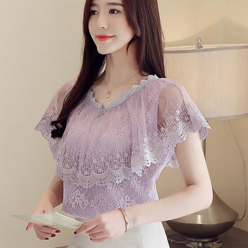 Áo kiểu chiffon phối ren hoa cổ V nữ tính