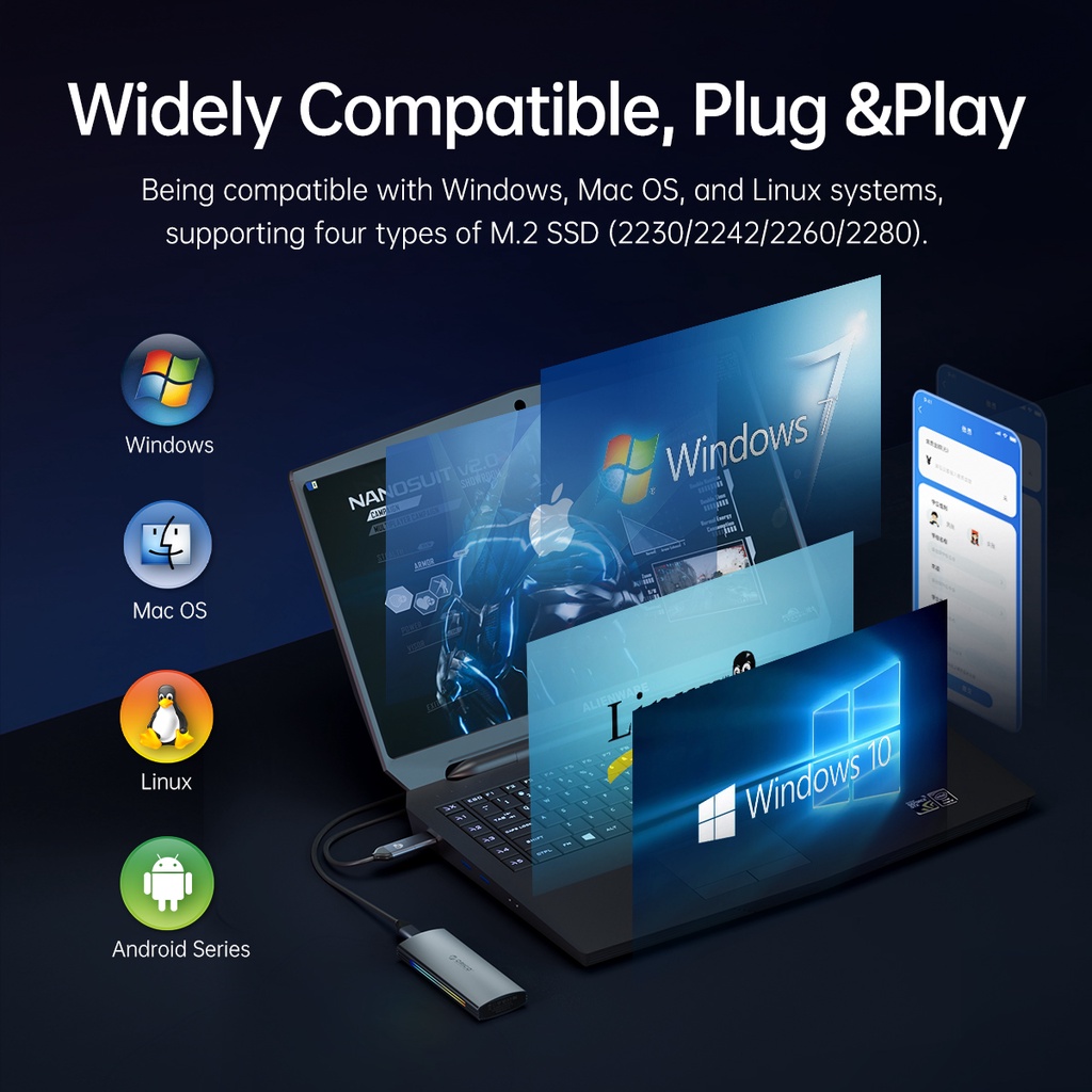 Vỏ ổ cứng ORICO M2R2 RGB 10Gbps M2 NVMe SSD USB3.1 Gen2 bằng nhôm dành cho máy chơi game