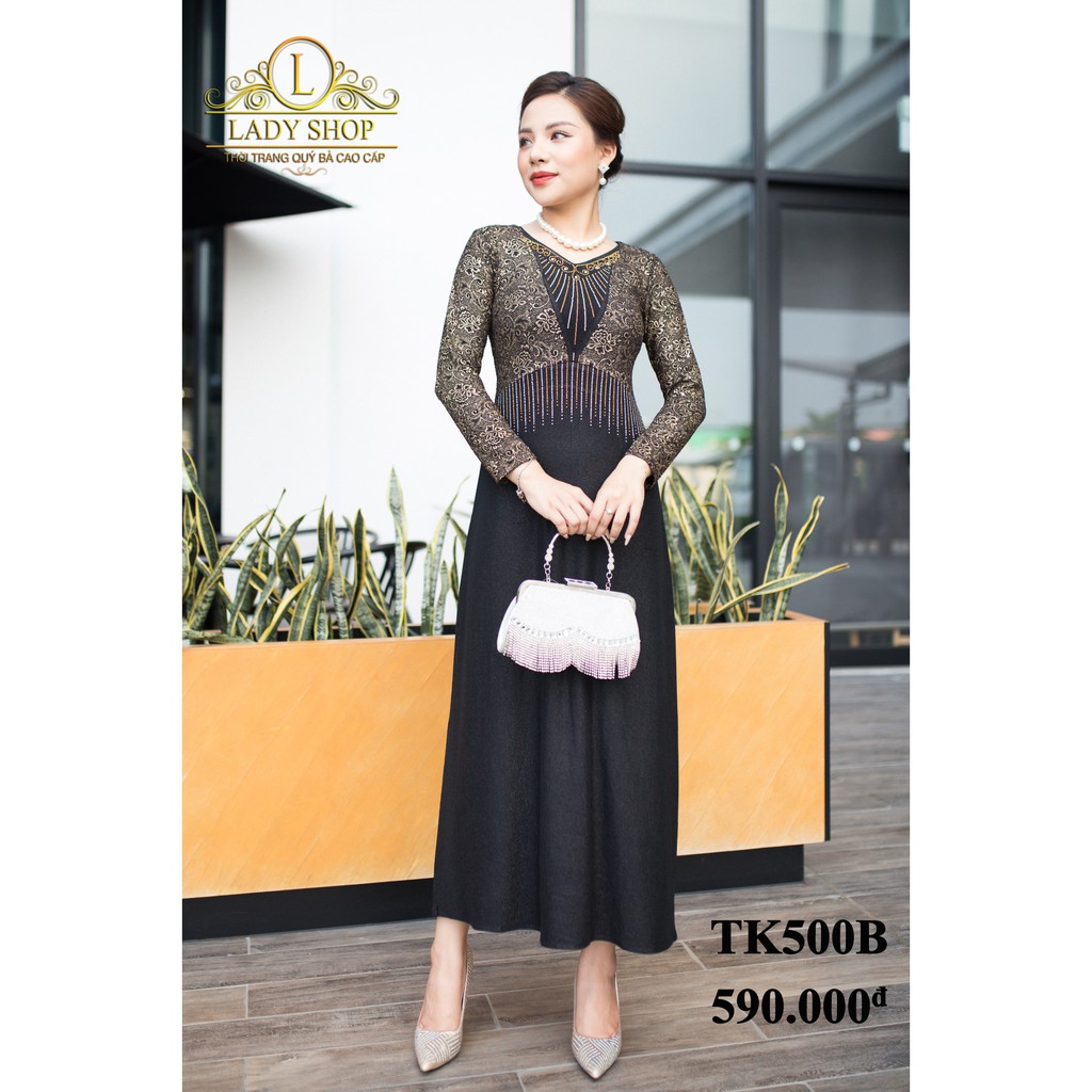Váy trung niên quý bà cao cấp Ladyshop Maxi kim sa đỏ cổ V đá tia TK500 | BigBuy360 - bigbuy360.vn