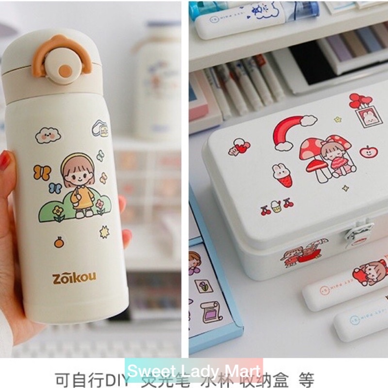100 Miếng Sticker Hoạt Hình Dễ Thương Happy Day Chính Hãng Trong Suốt Chống Thấm Nước