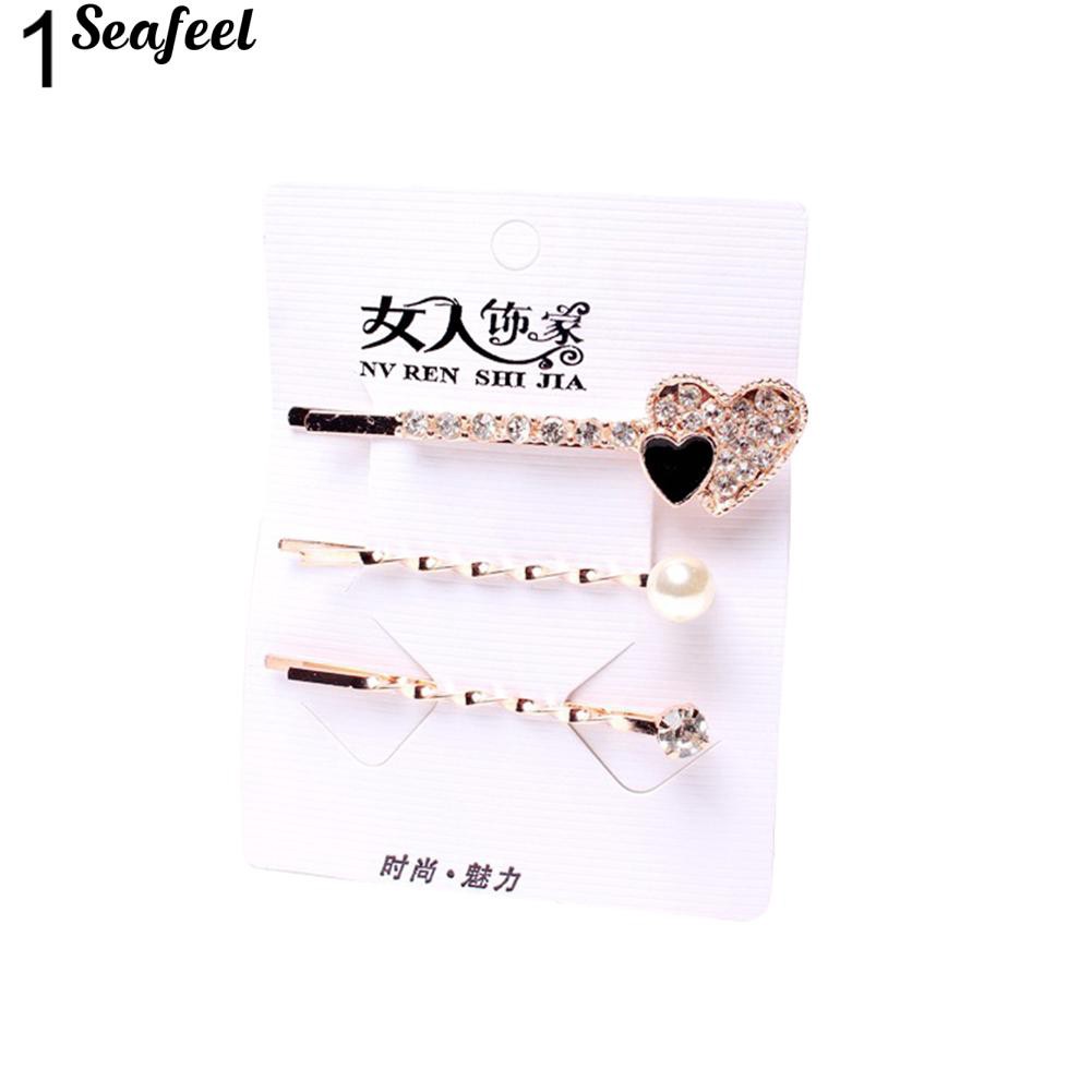 Set 3 kẹp tóc tạo hình trái tim đính đá thời trang cho nữ