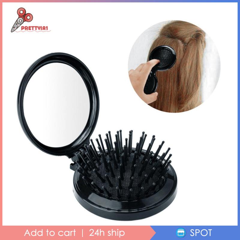 Lược Chải Tóc Kèm Gương Tròn Màu Đen Chống Tĩnh Điện Prettyia1