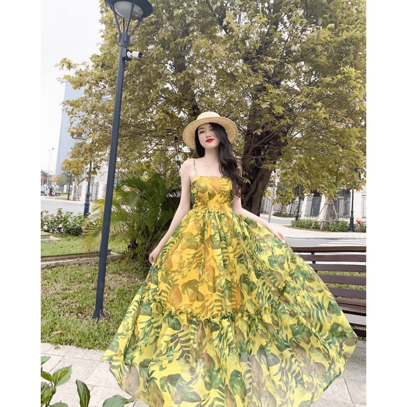 ĐẦM VOAN NỮ IN HOA DÁNG XÒE HAI DÂY THANH THOÁT NHƯ CÔNG CHÚA HHP FASHION