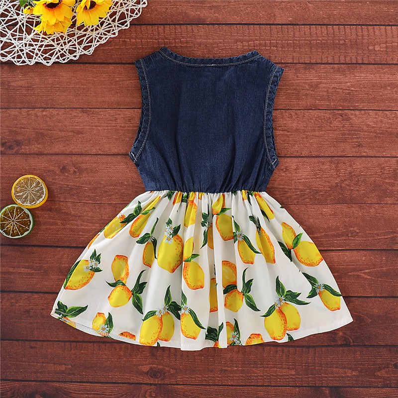 Đầm MIKRDOO vải denim không tay in họa tiết hoa trái cây thời trang mùa hè cho bé gái 1-5 tuổi