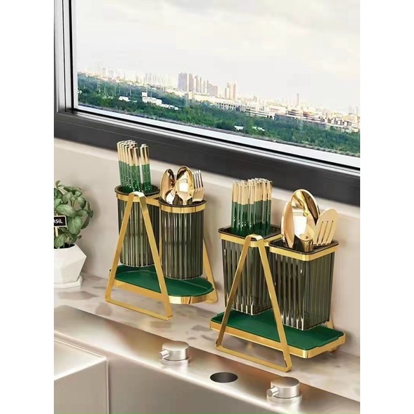 Ống đũa, muỗng Decor phong cách Bắc Âu kèm khay hứng nước | Giá, kệ, ống cắm đũa trang trí nhà bếp mạ vàng không hoen gỉ