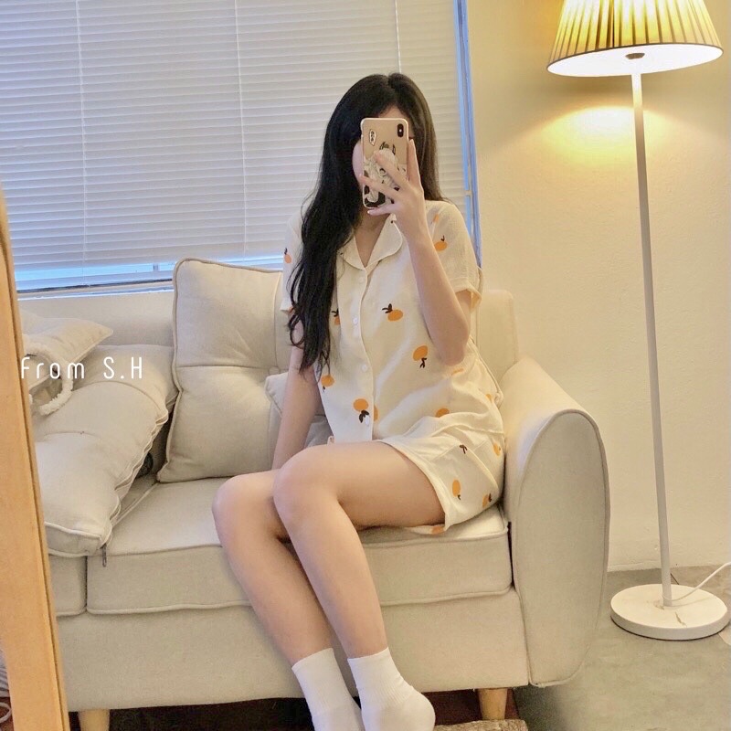 Bộ đồ ngủ nữ cộc tay kèm chun tóc chất đũi xốp mát, Bộ pijama nữ mặc nhà bo viền nhiều màu đẹp Maitrangshop92 (TTA96)