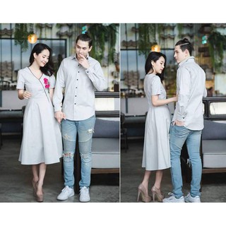 Sét váy áo đôi, váy áo sơ mi hoa hồng đẹp nhất