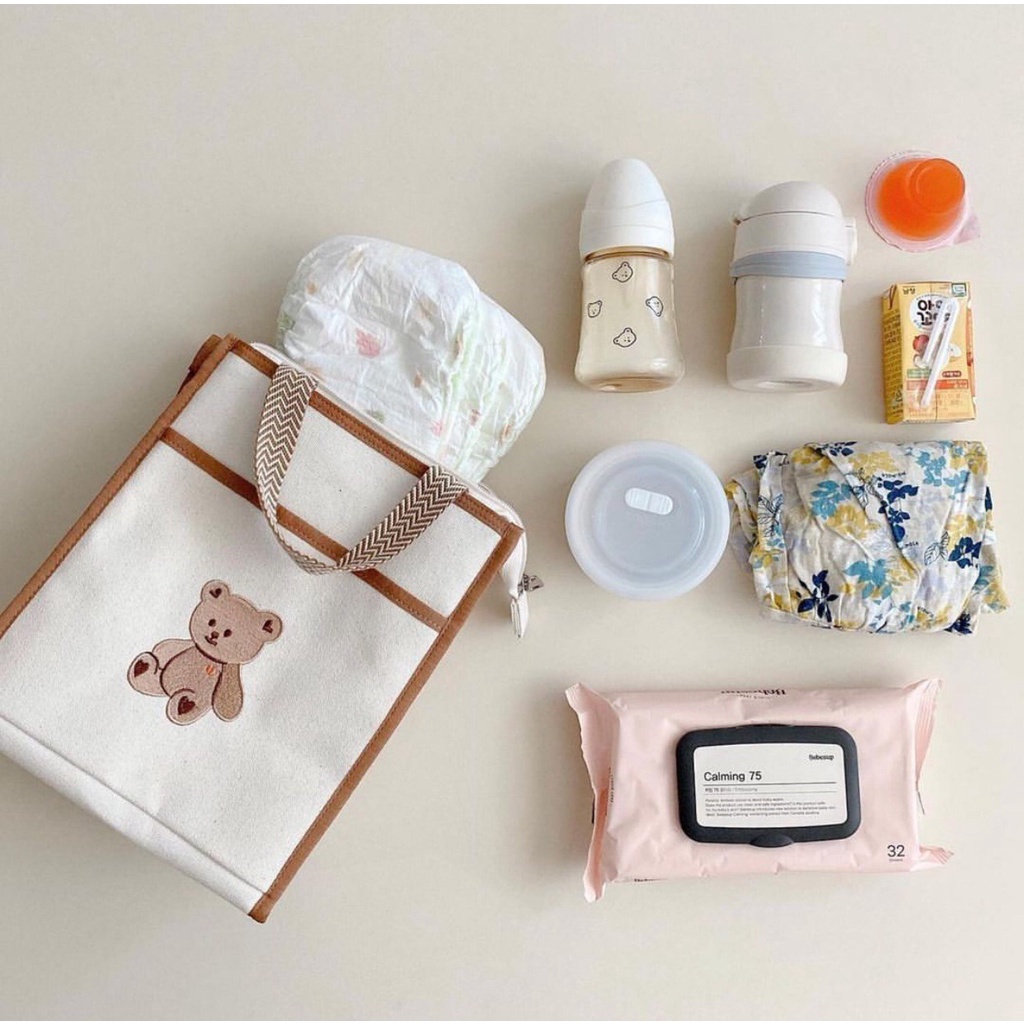 Túi Đựng Tã Lót Xe Đẩy Em Bé Chất Liệu Cotton Thêu Họa Tiết Phong Cách Hàn Quốc Mới