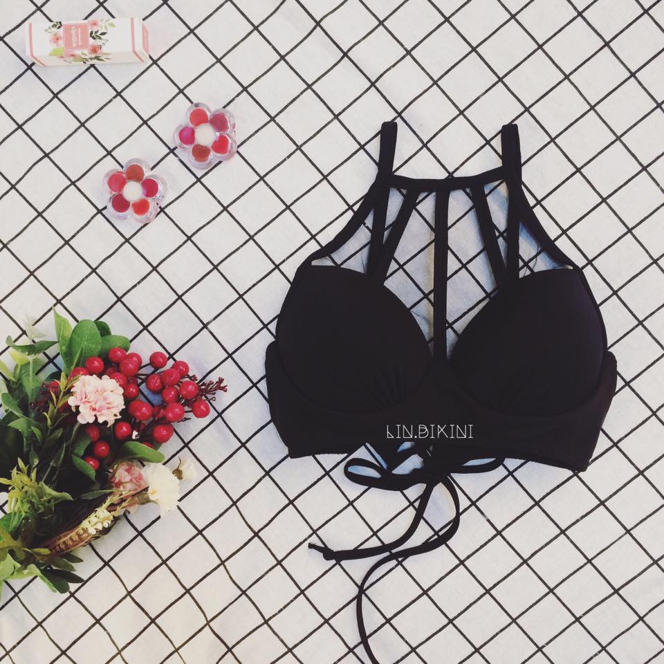 Bikini áo bơi gọng yếm lưới dây đan đen BA180014F1