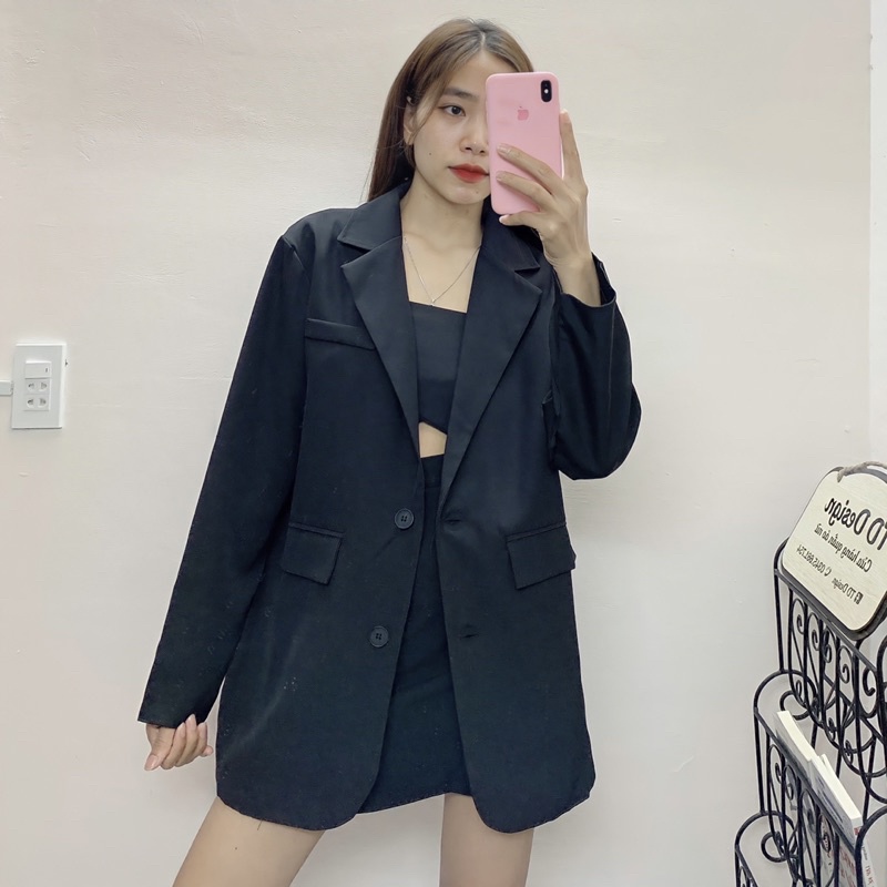 TD Design - áo khoác Blazer oversize 2 nút màu nâu tây và đen