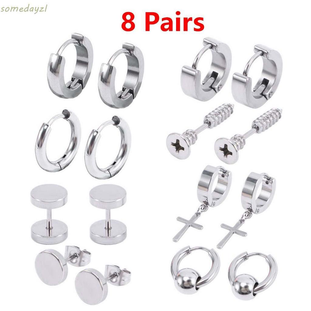 Bộ 8 đôi khuyên tai bằng thép không gỉ thời trang dành cho nam và nữ