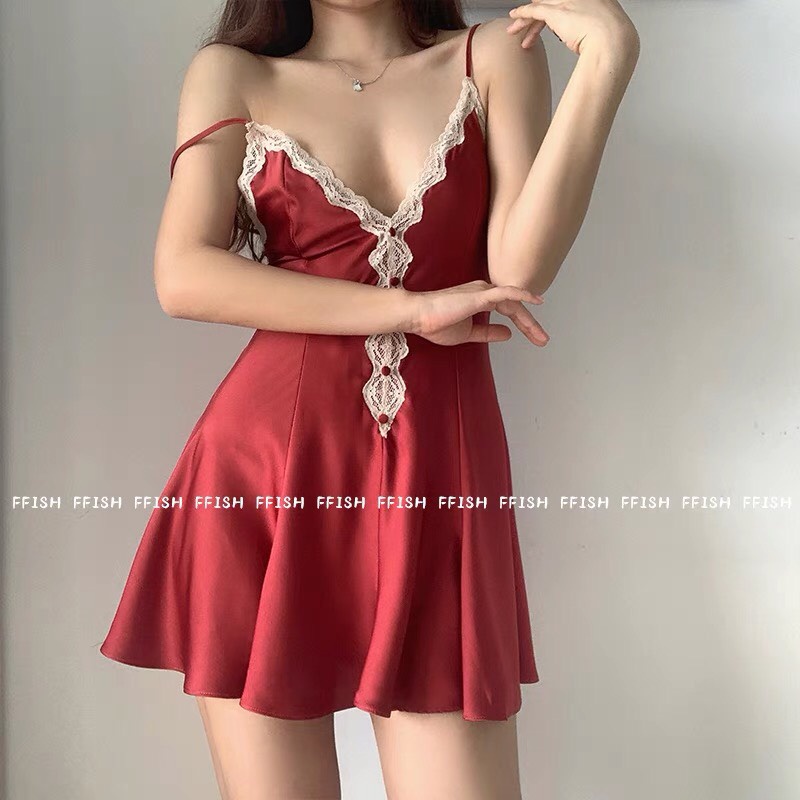 Váy ngủ lụa Sexy đính khuy xẻ ngực sâu dọc phía trước Quảng Châu cao cấp