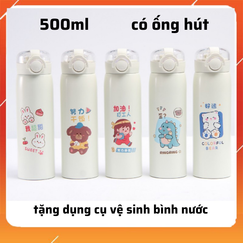 Bình giữ nhiệt INOX 304 ,bình giữ nhiệt họa tiết dễ thương dung tích 500ml , bình nước có ống hút có dây