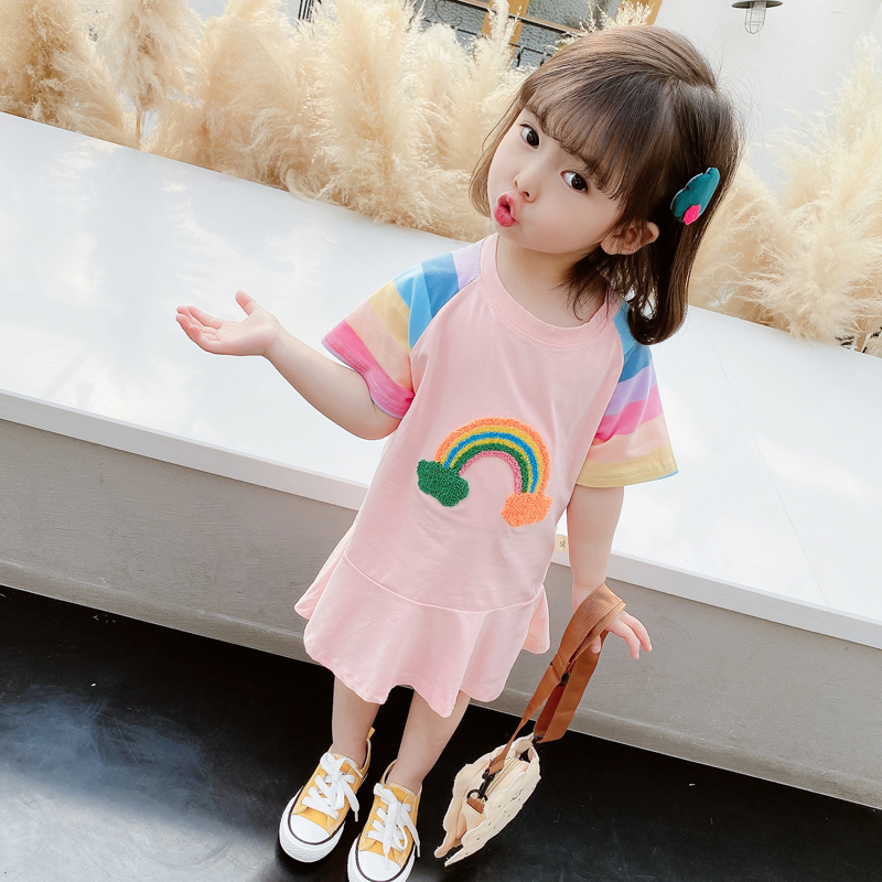 Váy tay ngắn liền mảnh họa tiết cầu vồng quả anh đào hoạt hình phong cách Hàn Quốc cho bé từ 0-5 tuổi
