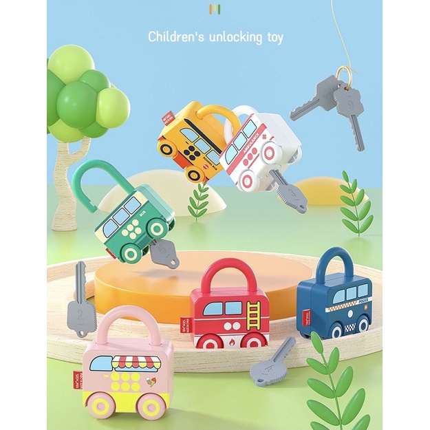 Đồ chơi Montessori kết hợp xe đồ chơi, bộ ổ khoá và chìa khoá matching đầu đời cho bé