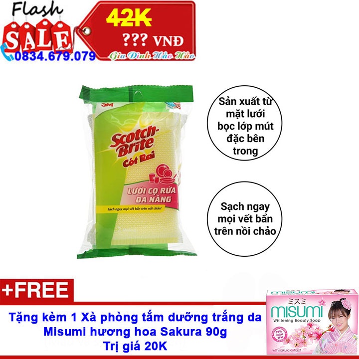 Gói 2 miếng rửa chén đa năng 3M Scotch Brite 12.5cm - Tặng xà bông thơm Misumi