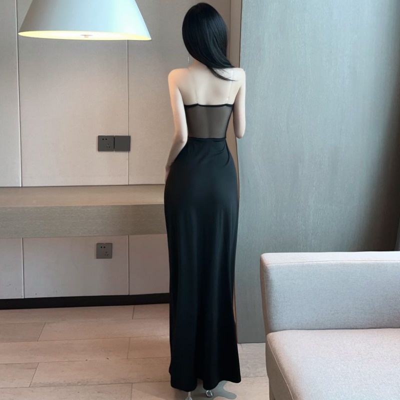 Đầm dài 2 dây xẻ tà khoét rỗng thiết kế sang trọng phong cách Hepburn khí chất quyến rũ màu đen cho nữ JE3M