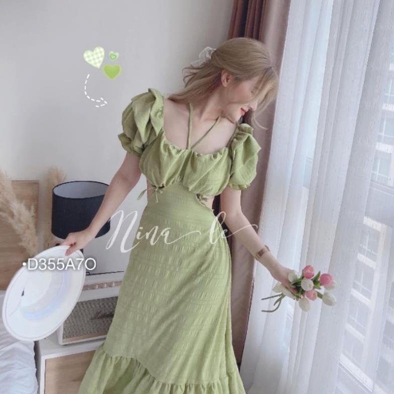 Đầm Maxi Đi Biển, Váy Đũi Xòe Cổ Yếm Hở Lưng Bo Chun Tay Phồng Dáng Dài Bèo Đuôi Cá Vải Đũi Màu Xanh Cốm ঔৣ
