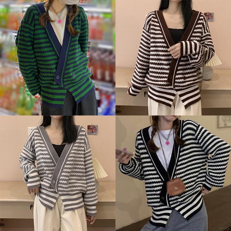 Áo khoác cardigan dệt kim cổ chữ V tay dài dáng rộng họa tiết kẻ sọc phong cách retro Hàn Quốc cho nữ