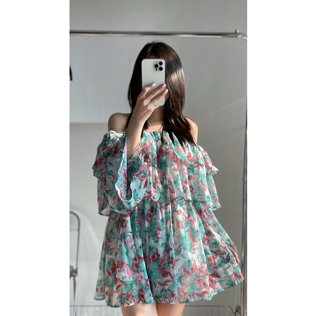 Váy Nữ Hoa Nhí Xanh Ngọc Trễ Vai,Đầm Nữ, Đi Biển, Đi Chơi Chất Liệu Voan Lụa Váy 2 Lớp  Váy Nữ Hoa Nhí Trễ Vai