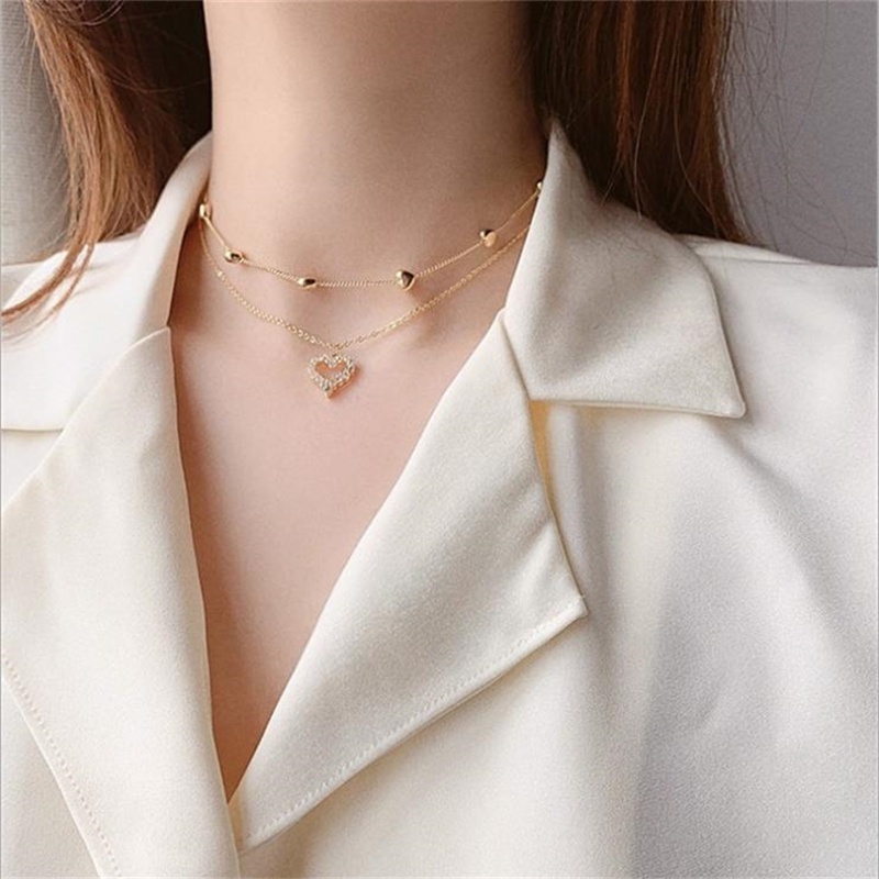 Vòng cổ hai lớp bằng kim loại mặt hình trái tim đính pha lê phong cách Hàn Quốc sáng tạo thời trang cho nữ