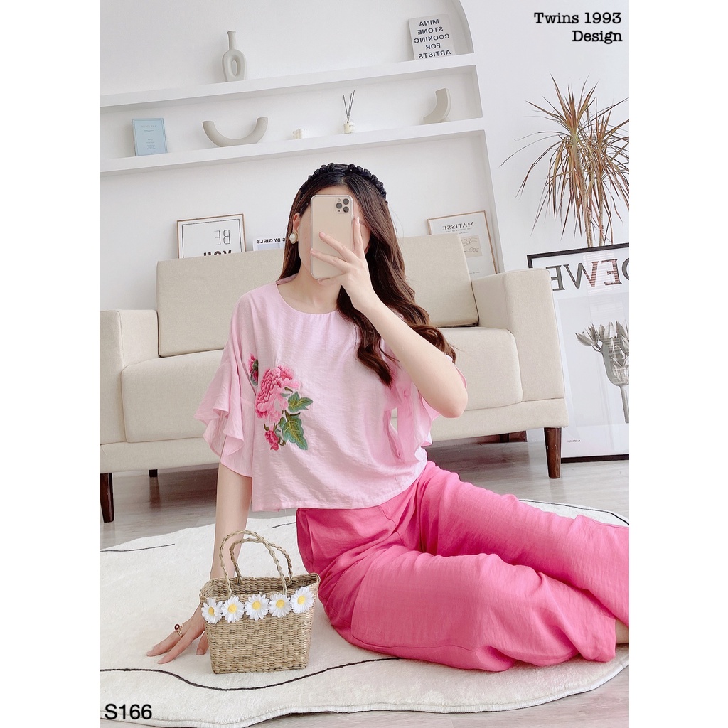 Bộ đũi nữ, bộ đồ nữ TWINS STORE thêu hoa mẫu đơn, chất đũi siêu mát - S166