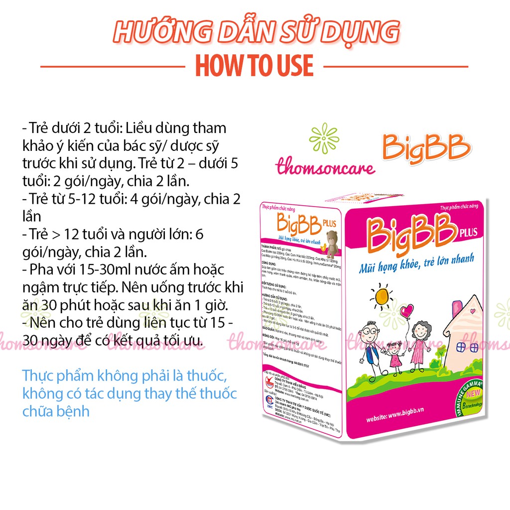 BigBB Plus Có tem tích điểm tặng quà - tăng sức đề kháng đường hô hấp cho bé cốm Big BB hồng Hộp 16 gói