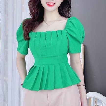 Áo sơ mi nữ peplum cổ vuông che bụng kiểu tay phồng A6697