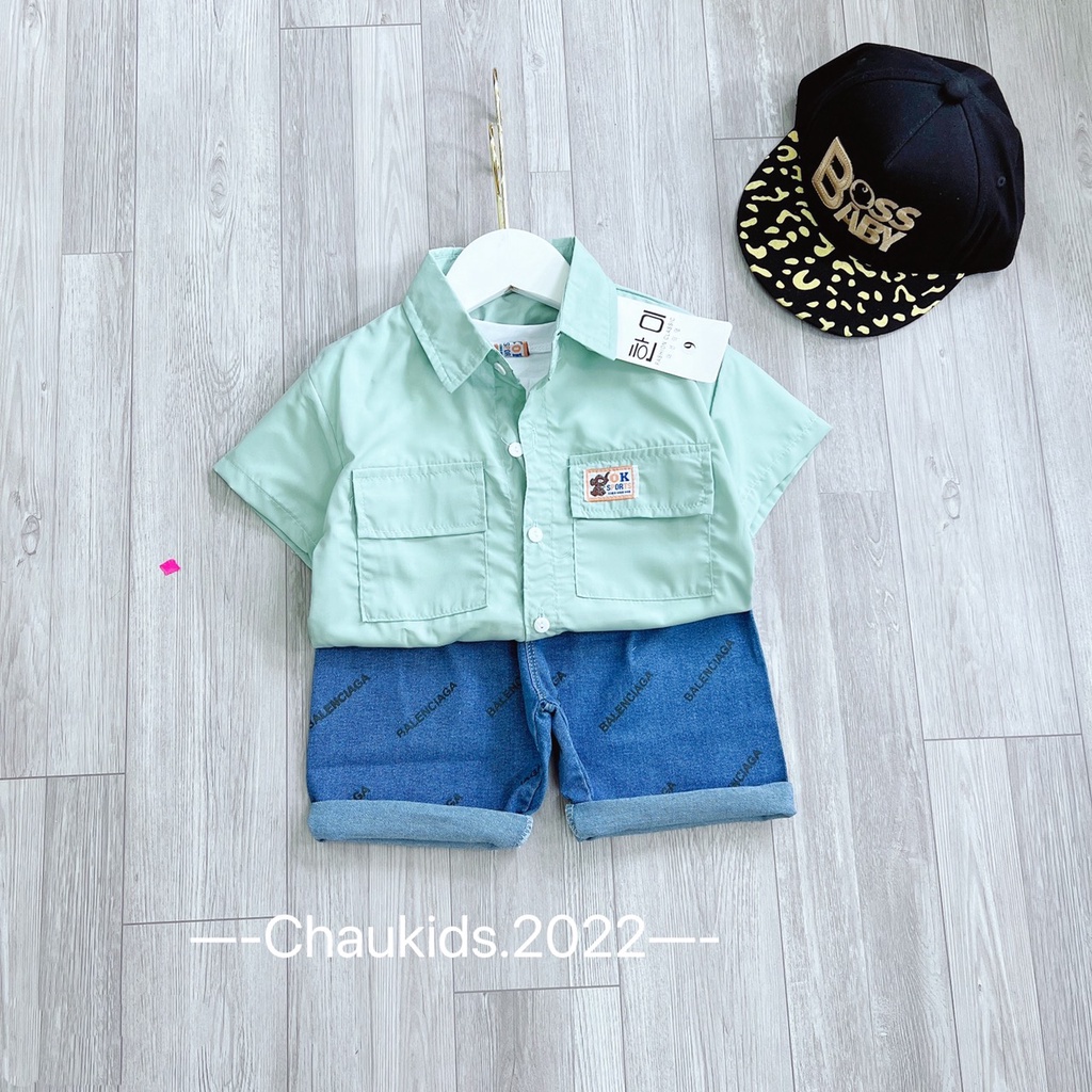 Bộ quần áo cộc tay bé trai, set 3ct: áo thun, áo sơ mi họa tiết OK và quần jean in tràn cho bé size 10-35kg