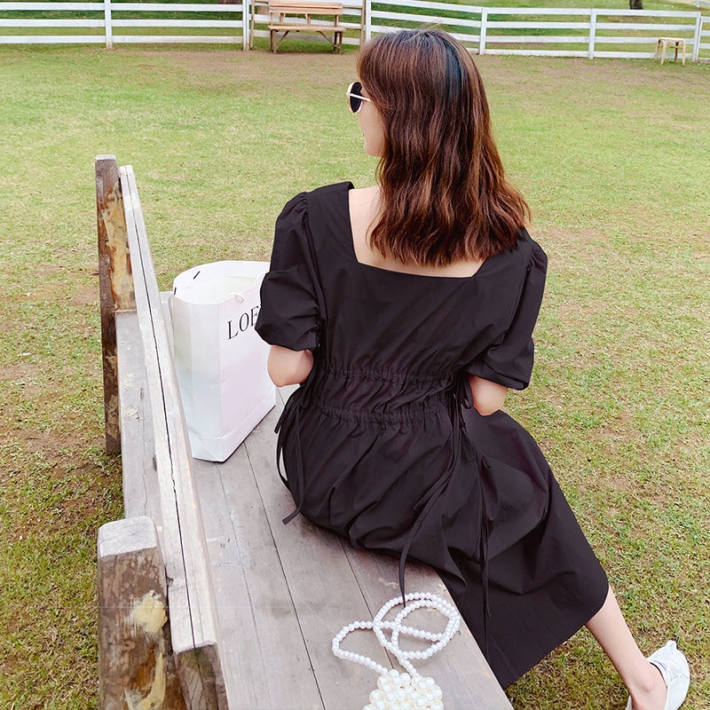 Đầm chữ A tay phồng cổ vuông thắt dây eo plus size phong cách retro Pháp