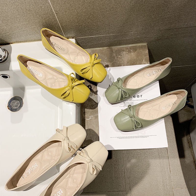 Giày búp bê IELGY đế mềm mũi vuông đính nơ thời trang dành cho nữ