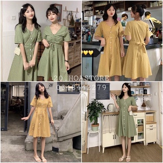 SET VÁY BẠN THÂN - VÁY CARO CÀI CÚC THẮT NƠ EO VÀNG XANH - VÁY KẺ RÚT DÂY NGỰC BUỘC NƠ SAU XANH VÀNG HOT