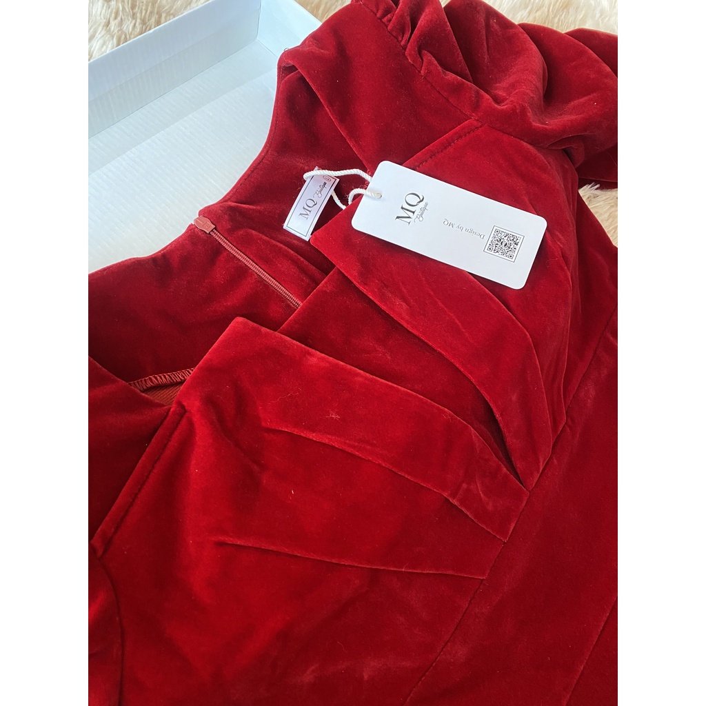 Váy nhung nữ dự tiệc công sở dáng xòe tay rúm bồng, cúp ngực 2 bên thiết kế MQ Boutique cao cấp