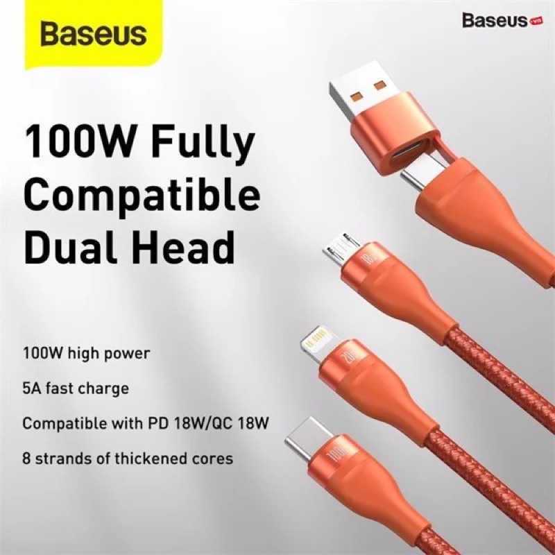 Cáp sạc nhanh 3 đầu Baseus Flash Series 3in1 Plus (USB+ Type C to Micro+Lightning + Type C, 100W Quick Charge and Data)