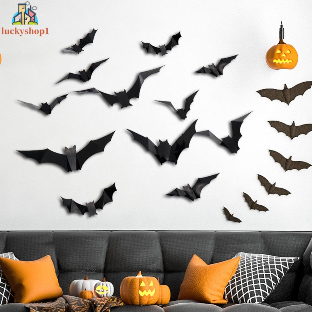 12/24 Bộ Halloween Dán Tường Trang Trí 3D Stereo Halloween PET Dơi Nhện Dán Tường Nhà Để Xe Sắp Xếp Cửa Sổ Kỳ Nghỉ Trang Trí Dán Tường Nhựa