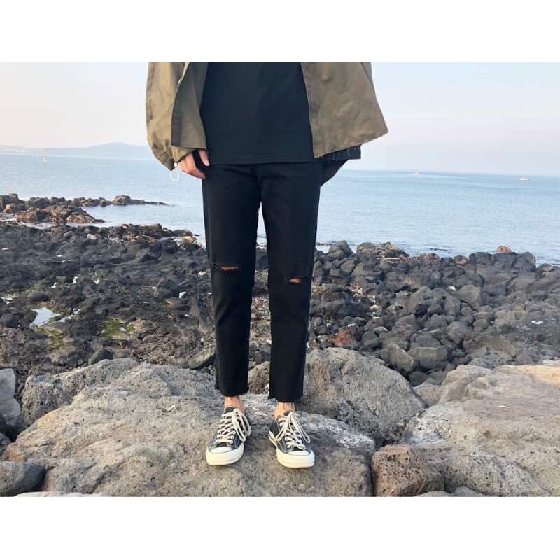 quần jean rách gối đen unisex