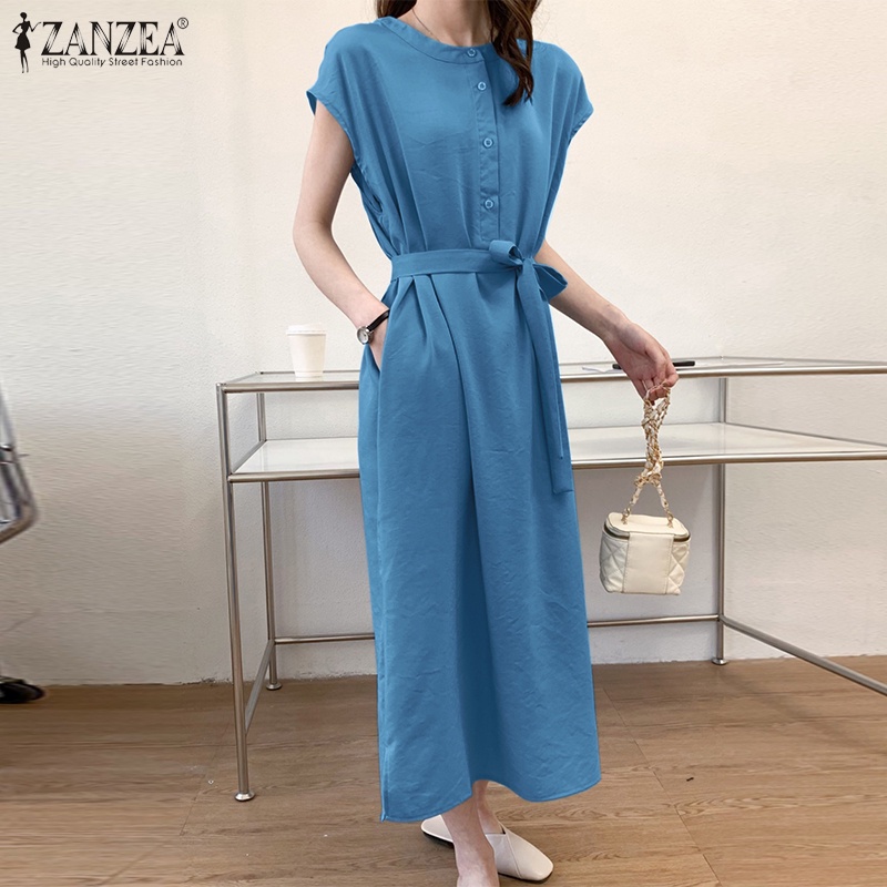 Đầm ZANZEA cổ tròn tay ngắn có nút cài phía trước thời trang cho nữ