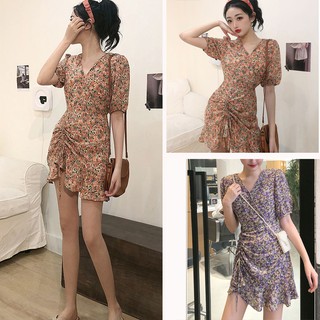 Váy hoa tay ngắn cổ chữ V rút dây chất đũi phong cách Hàn Quốc