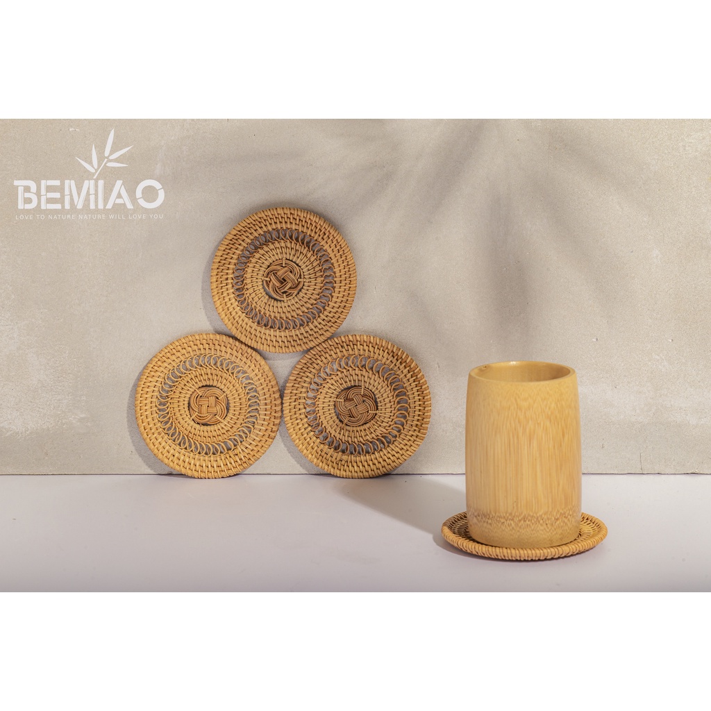 Lót ly BEMIAO lót mây tre đan họa tiết, phụ kiện lót bàn ăn, lót cốc, lót ly, decor quán cafe