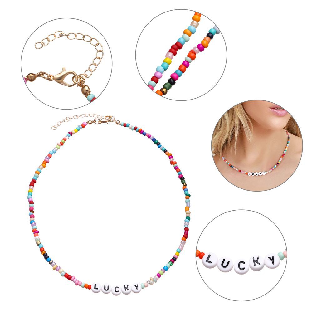 Vòng cổ xỏ hạt đậu chữ cái Letter Lucky Love nhiều màu phong cách Bohemia thời trang cá tính dành cho nữ
